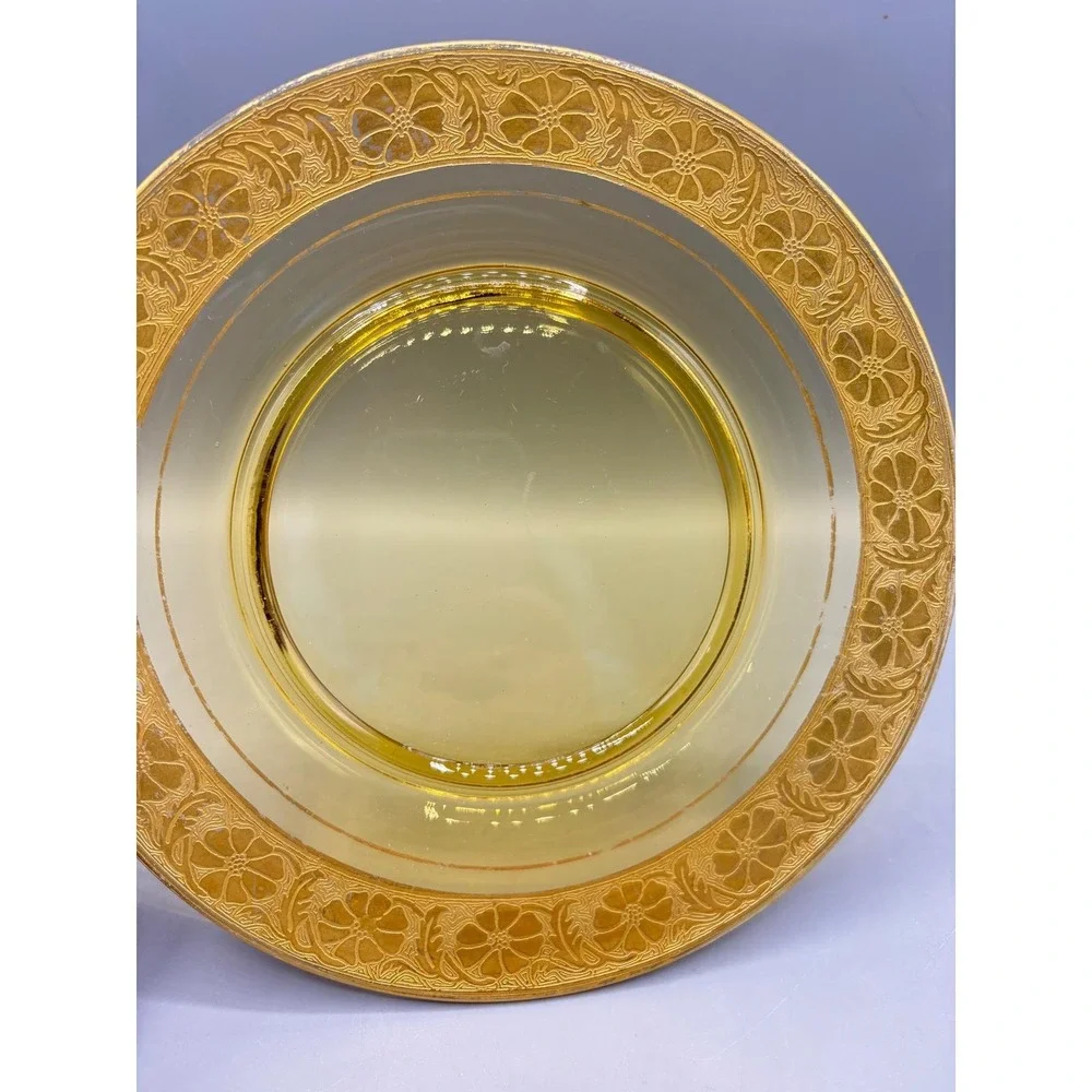 Vintage Glass Plate Gold Encrusted Floral Rim 7.25 Inch Yellow‎